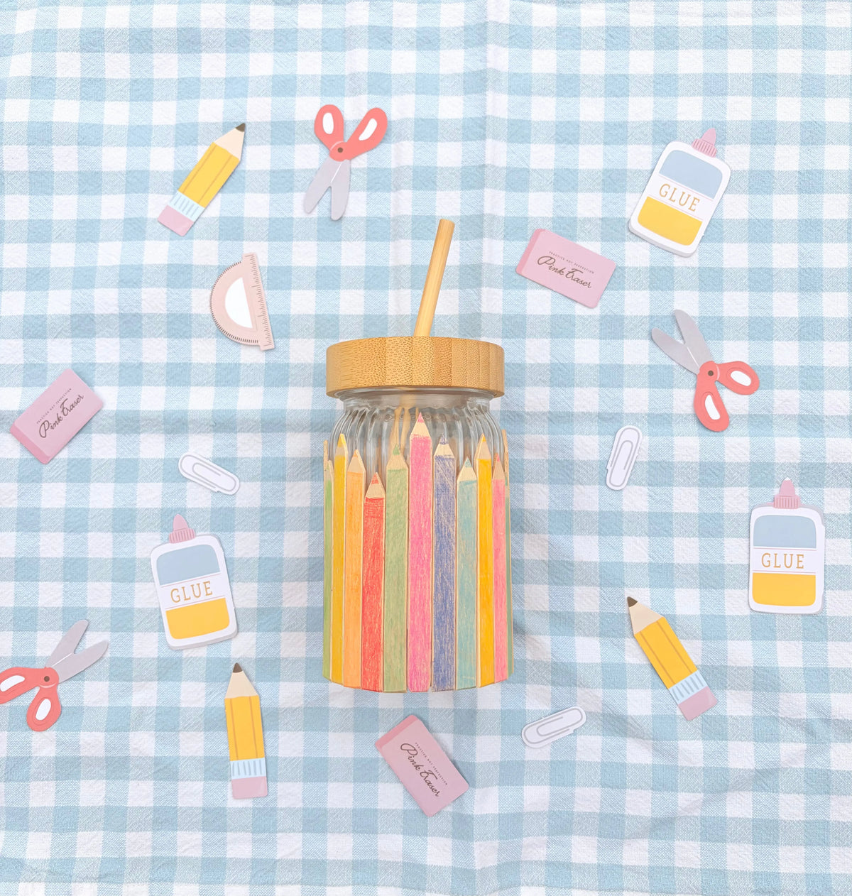Kunterbuntes Glas im Stifte-Style zur Einschulung Event Kids