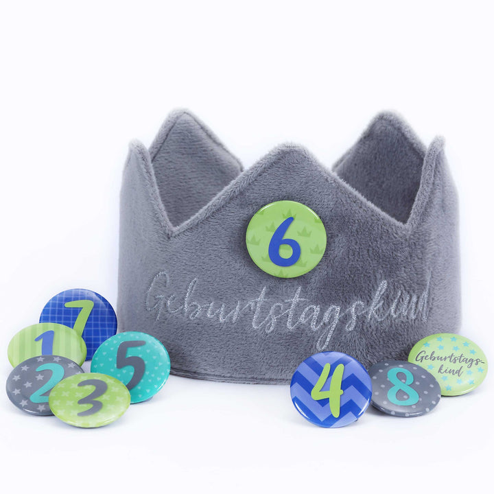 Geburtstagskrone mit Buttons - grau